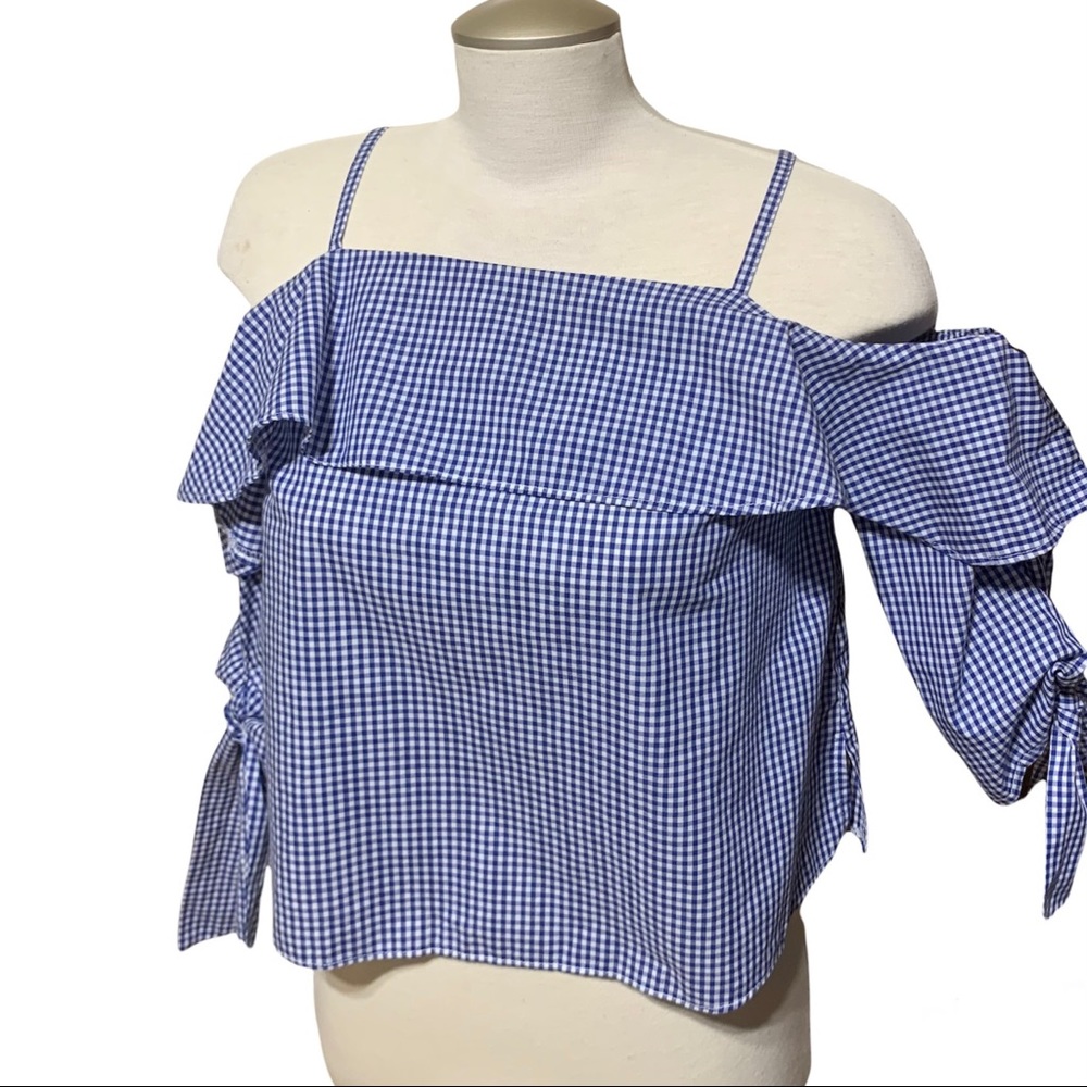 TOPSHOP Blue White Plaid Off Shoulder Tie Ribbon On Sleeves Top Size 2